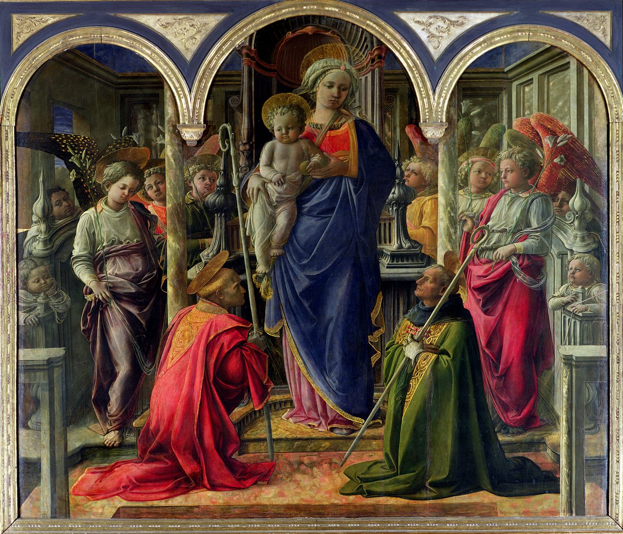Barbadori Altarpiece: Aziz Frediano ve Aziz Augustine ile Melekler tarafından çevrili Bakire ve Çocuk, 1437 by Fra Filippo Lippi