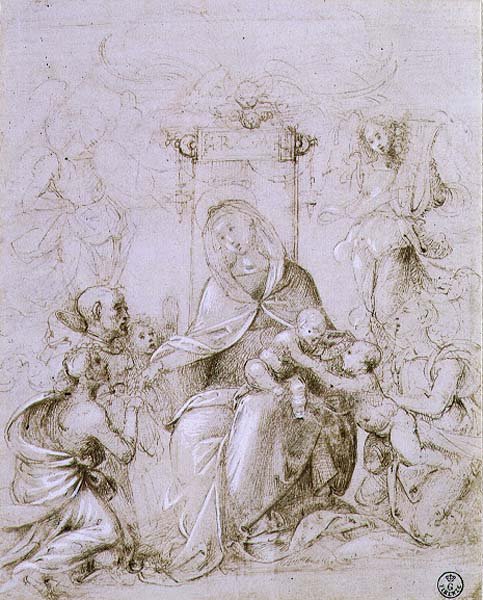 Madonna ve Çocuk, bir melek ve St. Monica tarafından sunulan Vaftizci Yahya ile tahta çıktı (kağıt üzerinde kalem ve mürekkep) by Fra Bartolomeo