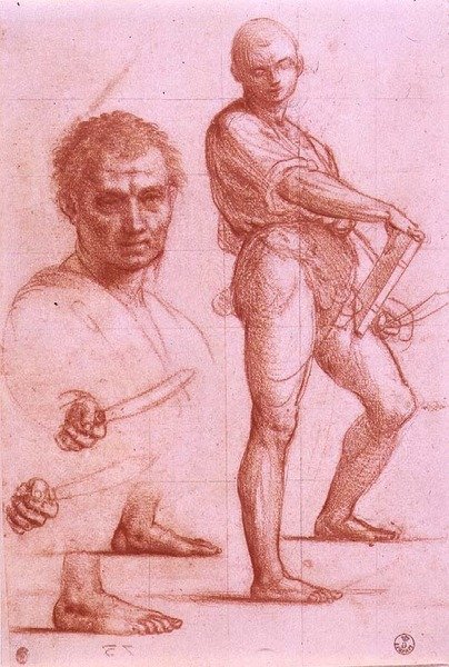 Bir kılıç ve bir kitap tutan bir erkeğin çalışması, kılıç ve ayaklar iki kez prova edildi ve bir erkek kafa (kağıt üzerinde tebeşir) by Fra Bartolomeo