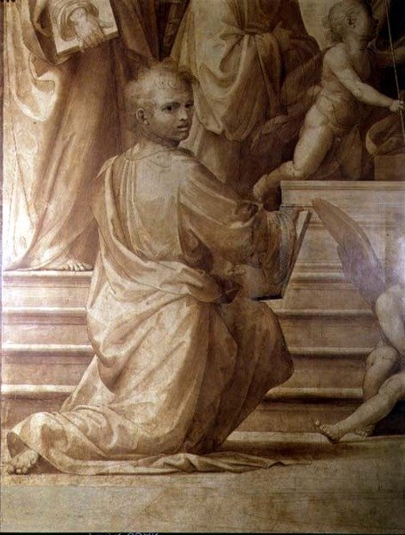 Büyük Konsey Altarpiece, diz çökmüş genç bir azizi tasvir eden detay by Fra Bartolomeo