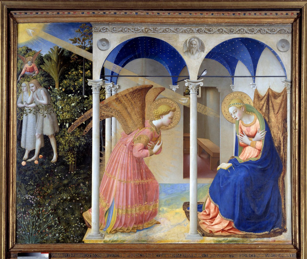 Müjde (arka planda, Cennetten kovulan Adem ve Havva), c. 1445 (panelde sıcaklık ve altın rengi) by Fra (c.1387-1455) Angelico