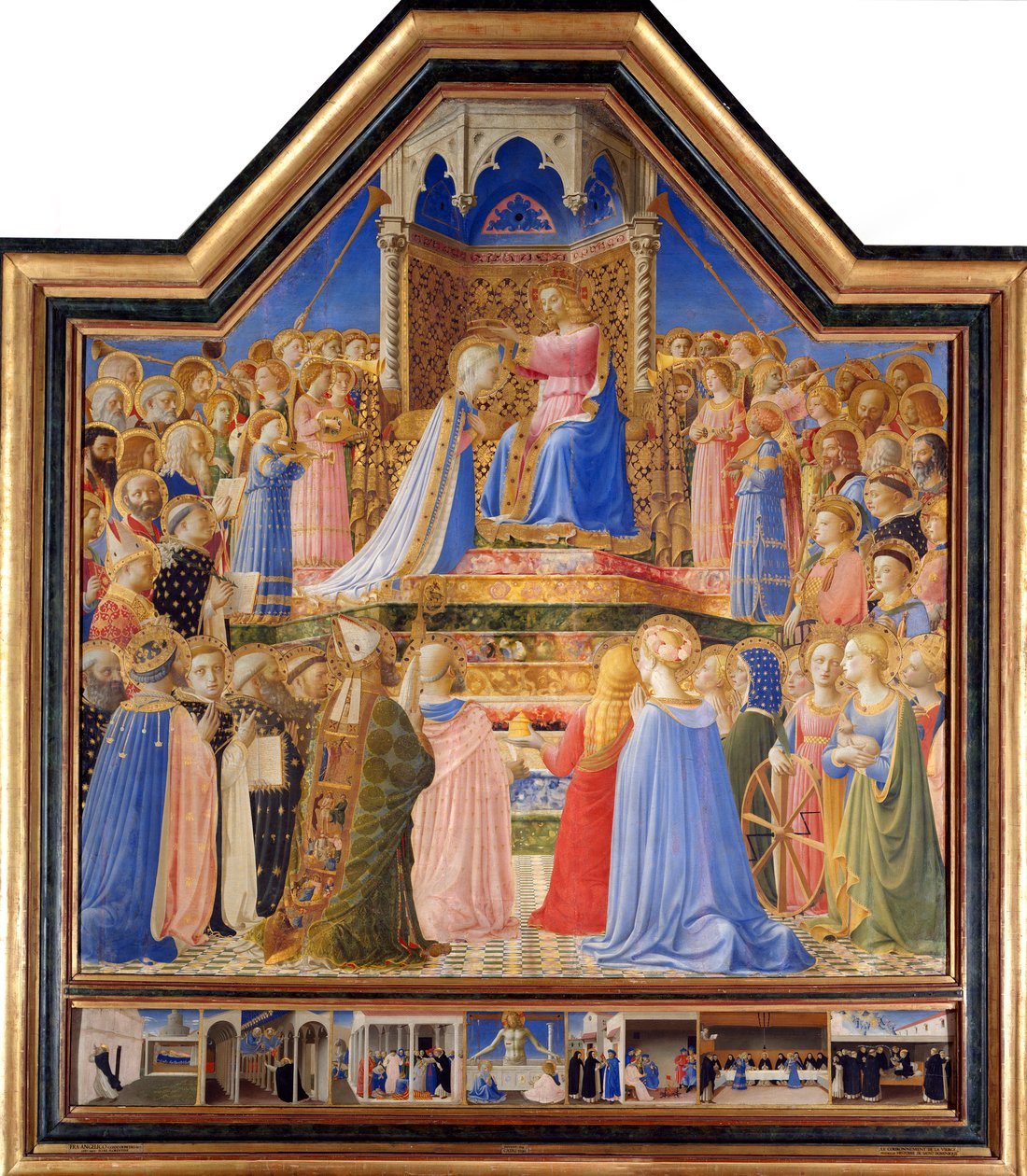 Bakirenin Taç Giymesi, c.1430-32 (panelde mizaç) - “” Bakirenin Taç Giymesi”” Guido di Pietro (veya Fra Giovanni da Fiesole) tarafından yapılan resim, Fra Angelico ou il Beato (1387-1455) 15. yüzyıl Güneş. 2,09x2,06 m Paris, Louvre Müzesi. by Fra  Angelico