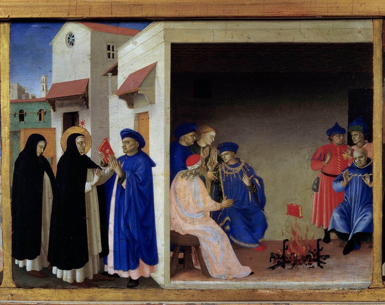 Bakire'nin taç giyme töreninin Predelle: Kitabın mucizesi Albigeese'ye gönderir. Saint Dominika, Cathar sapkınlığını çürütüyor. Ahşap üzerine Guido di Pietro (veya Fra Giovanni da Fiesole) tarafından Fra Angelico veya il Beato (1400-1455) tarafında by Fra  Angelico