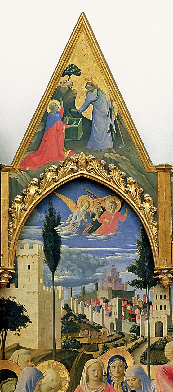 Lorenzo Monaco (Piero di Giovanni) (c.1370-1425) tarafından Santa Trinita Altarpiece, çerçeve ve zirveler (c.1370-1425) tamamlandı c.1434 (panelde tempera ve altın) (43967 detayı) by Fra  Angelico