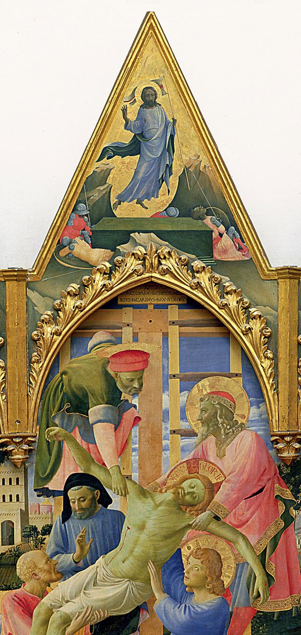 Lorenzo Monaco (Piero di Giovanni) (c.1370-1425) tarafından Santa Trinita Altarpiece, çerçeve ve zirveler (c.1370-1425) tamamlandı c.1434 (panelde tempera ve altın) (43967 detayı) by Fra  Angelico