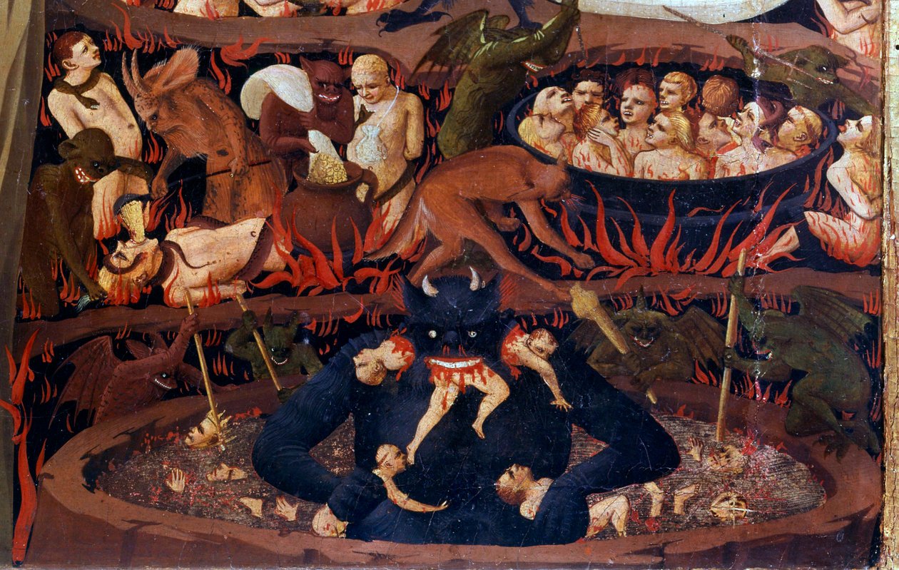 Son Yargı: Yeraltı Dünyasının detayı. Cehennem çevrelerinde lanetler, iblisler tarafından işkenceler. Guido di Pietro (veya Fra Giovanni da Fiesole) tarafından ahşap üzerine bir detrempe detayı, dit Fra Angelico veya il Beato (1387-1455) by Fra  Angelico