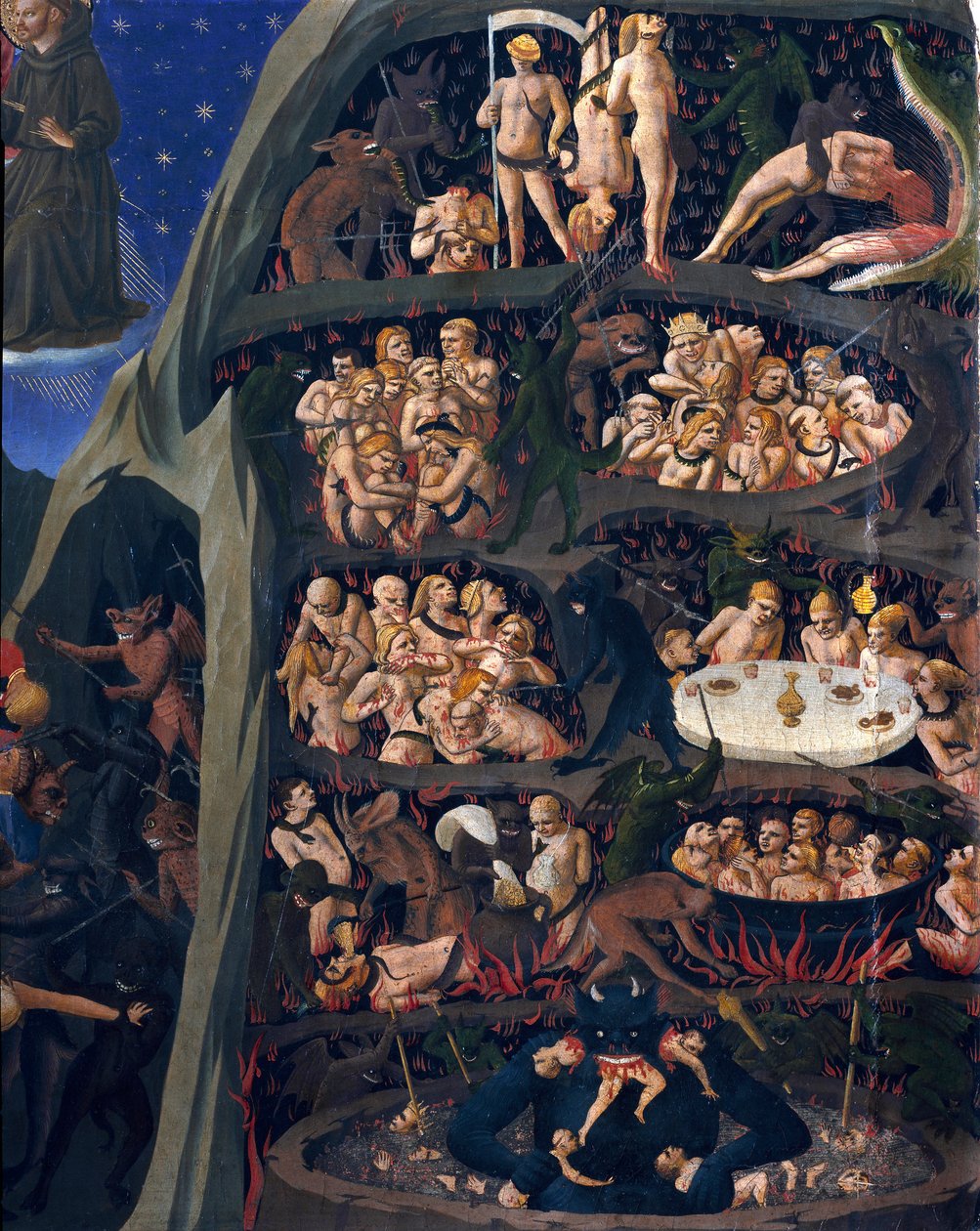 Son karar: cehennem. Cehennem çemberlerinde işkenceye maruz kalan lanetlerin ruhları. Alt kattaki şeytan onlardan birine sahip. Guido di Pietro (veya Fra Giovanni da Fiesole) tarafından yapılan resim, dit Fra Angelico ou il Beato (1400-1455) by Fra  Angelico