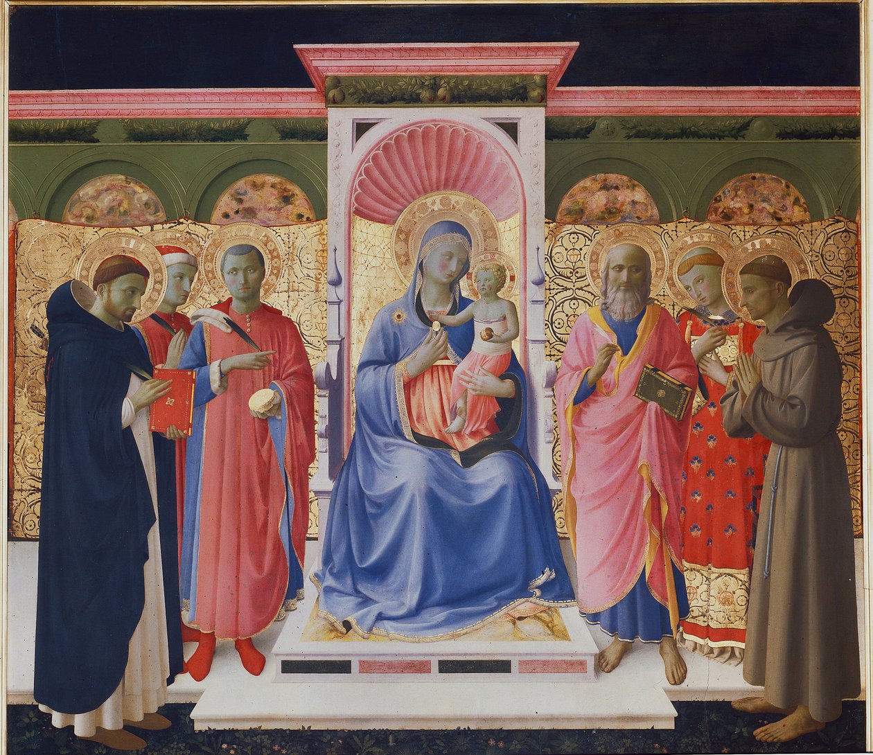 Bakire ve altı azizli çocuk, Peter, Cosmas ve Damian, St John, St Lawrence ve St Francis. Annalena sunağı detayı (Ahşap boyama by Fra  Angelico