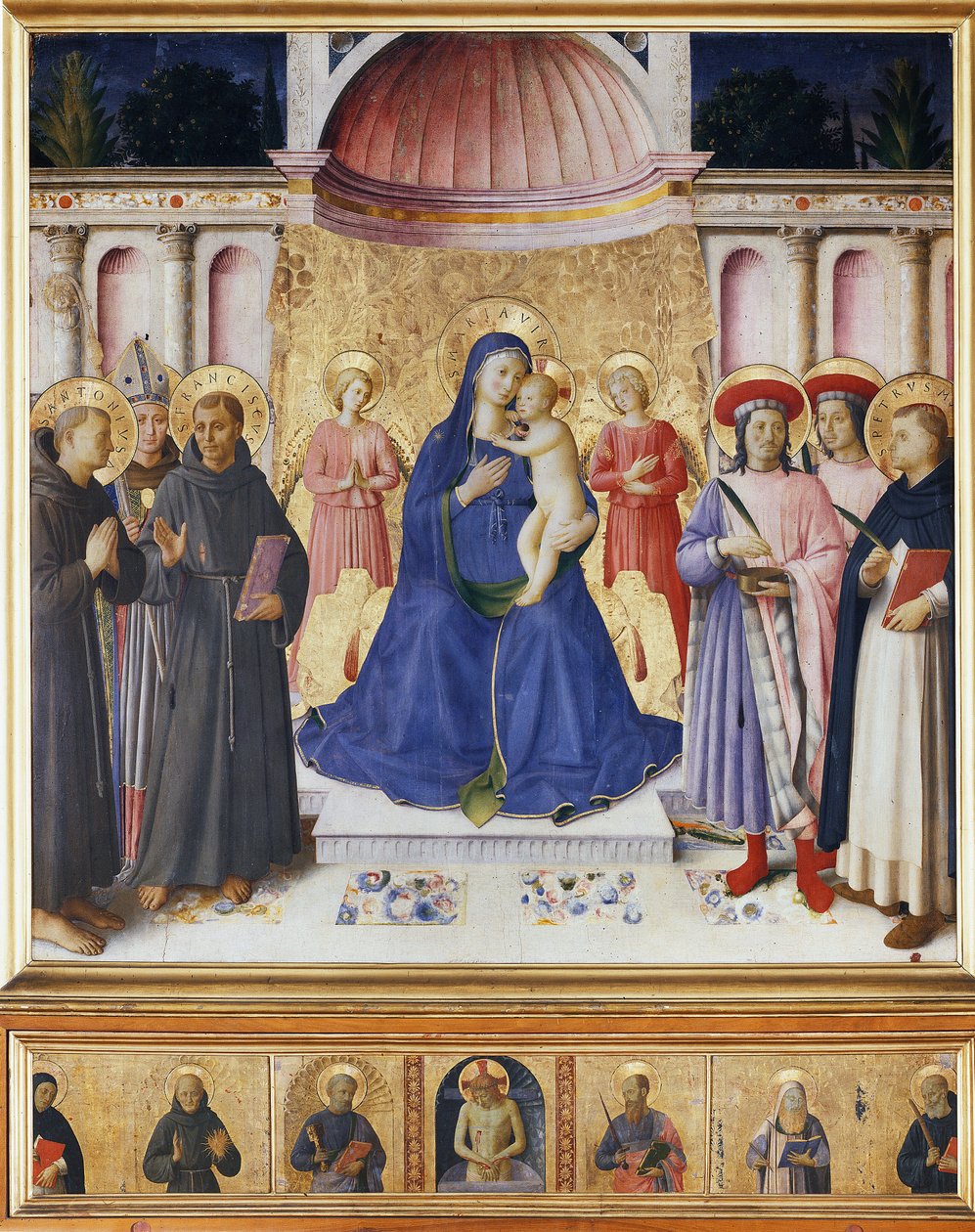 Bakire ve altı azizli çocuk, Padua St Anthony, Toulouse St Louis, St Francis, Sts Cosmas ve Damian, Verona St Peter. Bosco ai Frati sunağı (Aziz Peter Şehit)) (Ahşap boyama by Fra  Angelico