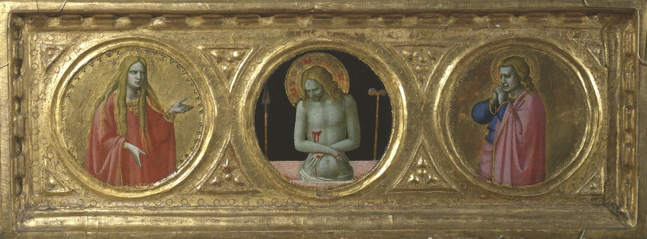 Aziz Mary Magdalene ve Evangelist Aziz John tarafından kuşatılan Acıların Adamı olarak Mesih by Fra Angelico