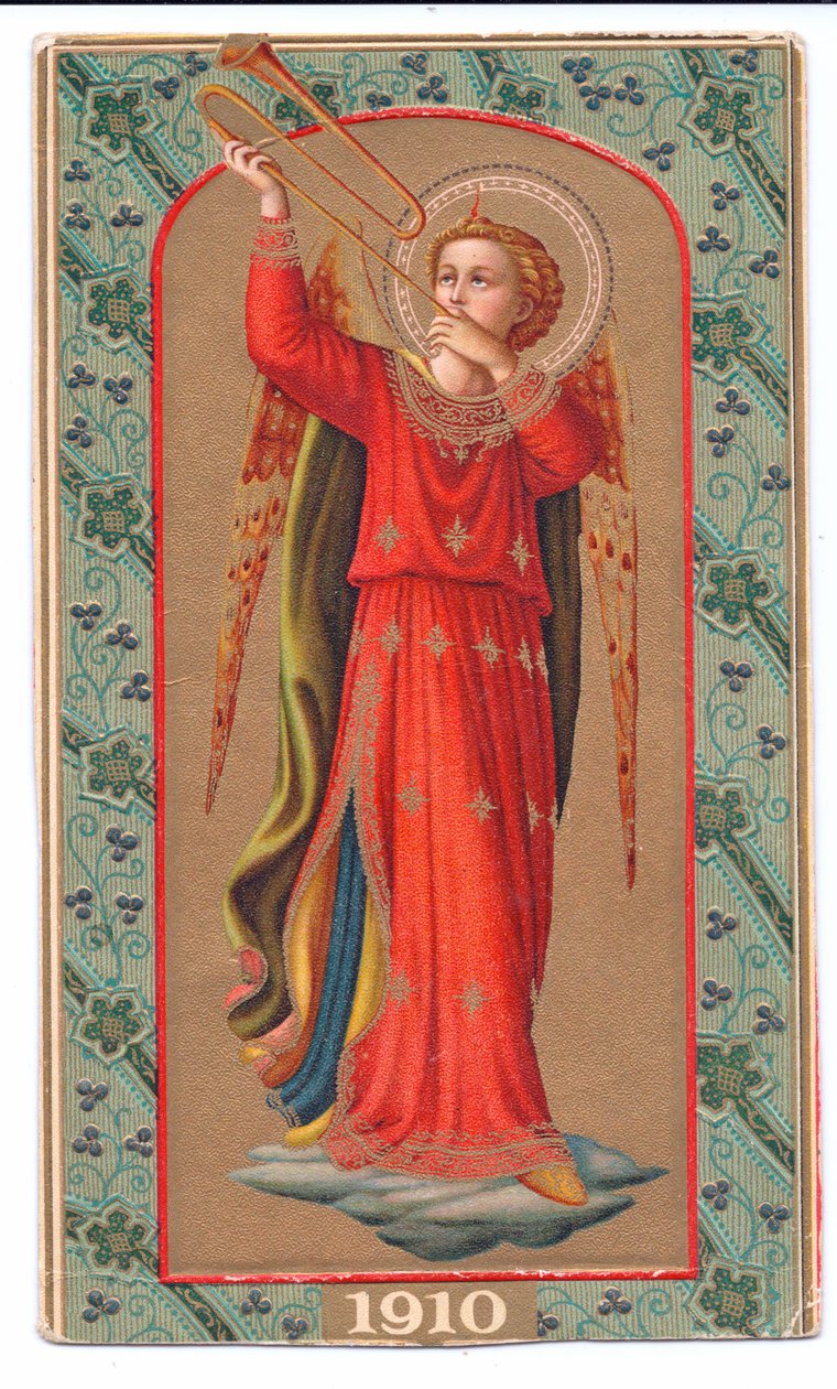 Renkli lito baskı fra angelico melek trompet çalıyor, c.1910 by Fra Angelico