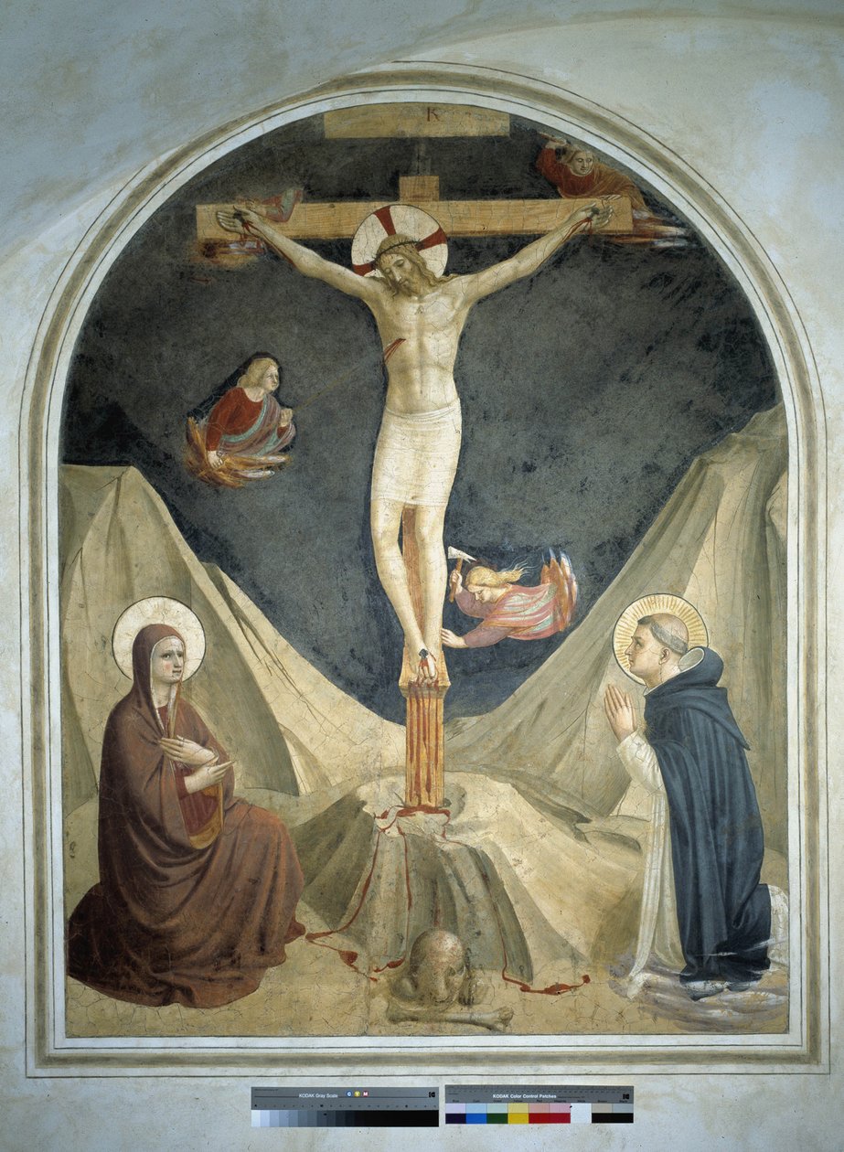Bakire ve Aziz Dominic ile Çarmıha Gerilme. Guido di Pietro tarafından fresk by Fra Angelico