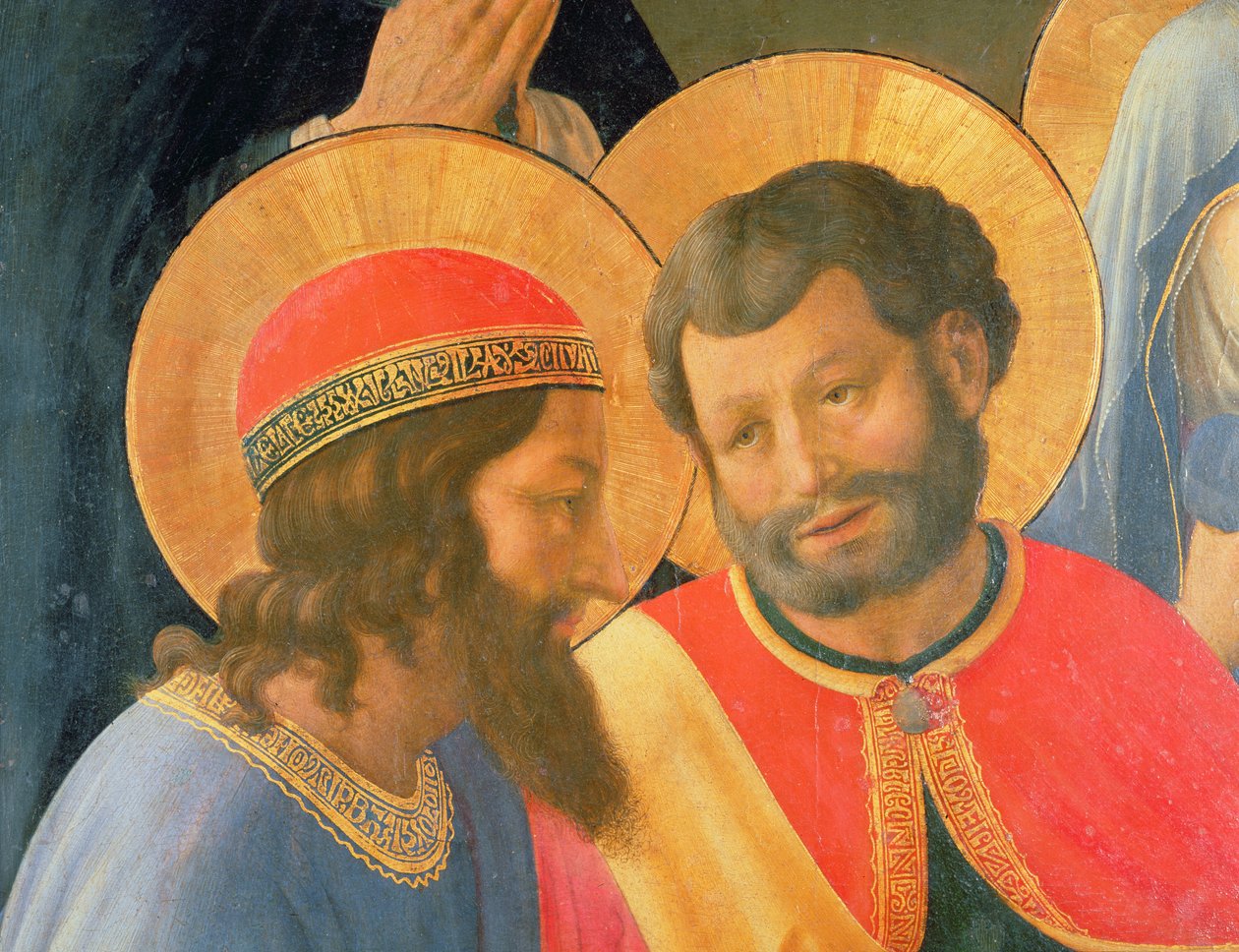 Haçtan birikme, iki aziz detayı, panelde 1436 tempera ve altın by Fra Angelico