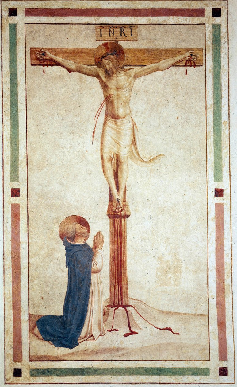 Aziz Dominic ile çarmıha germe. Haç üzerinde ""INRI"" yazısı. Guido di Pietro tarafından fresk by Fra Angelico