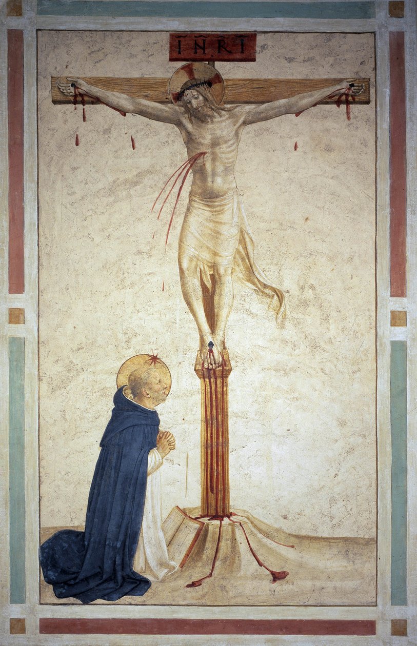 Saint Dominic ile çarmıha germe. Haç üzerinde ""INRI"" yazısı. Guido di Pietro tarafından fresk by Fra Angelico