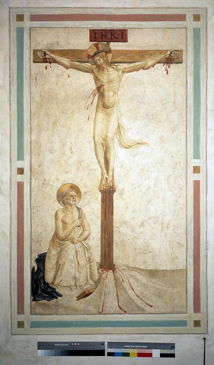 Aziz Dominic ile çarmıha germe. Haç üzerinde ""INRI"" yazısı. Guido di Pietro tarafından fresk by Fra Angelico