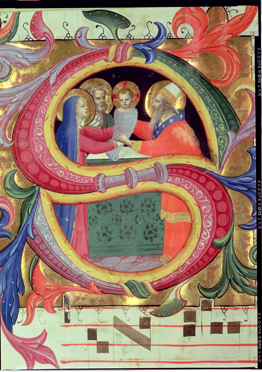 Ms 558 f.26v Tapınaktaki Sunum, tarihi bir başlangıç S ile tasvir edilmiştir, bir Missal