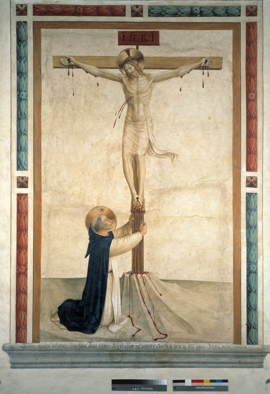 Aziz Dominic ile çarmıha germe. Haç üzerindeki ""INRI"" yazısı, 1442 by Fra Angelico