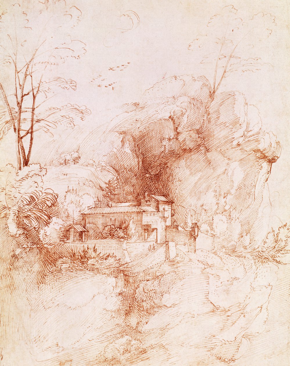 Fra Bartolomeo'nun (1472-1517) çizimi, manastırlı kayalık manzara. by Fra Bartolomeo
