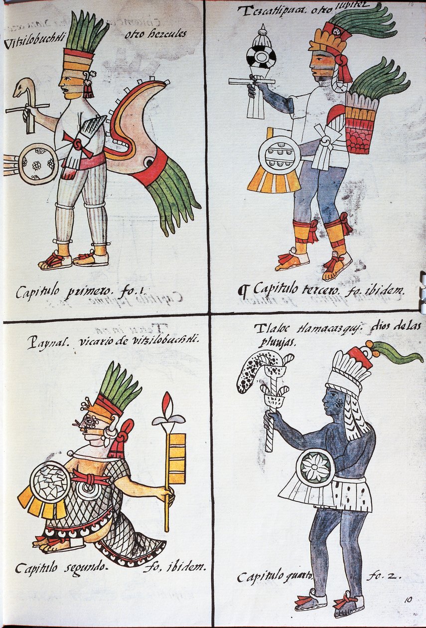 Eski Meksikalıların tanrıları, Huitzilopochtli, Tezcatlipoca, Tlaloc ve Paynal, İspanyolca metin, el yazmasının tıpkıbasımından alınan Yeni İspanya Şeylerinin Genel Tarihi, aynı zamanda Florentine Codex olarak da bilinir, Bernardino de Sahagun by Fra Bernadino da Sahagun