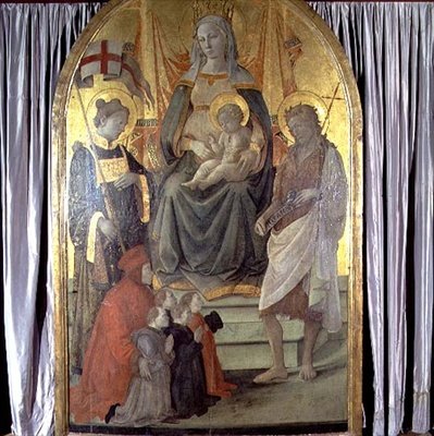 Madonna ve Çocuk SS ile Enthroned. Stephen, Vaftizci Yahya, Francesco Datini (c.1335-1410) ve Ceppo ailesi by Fra Filippo Lippi