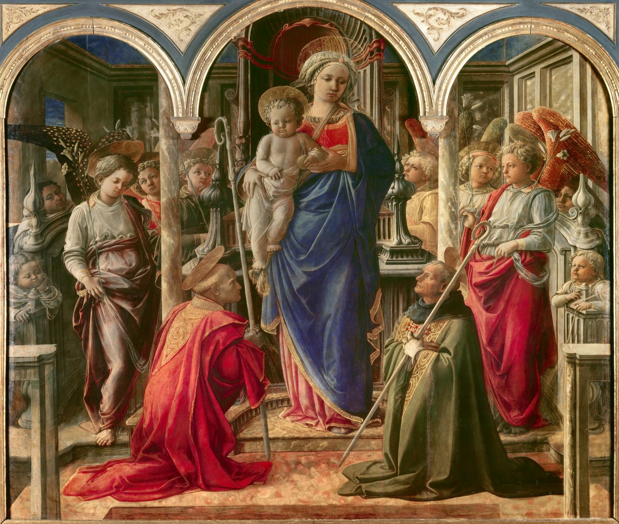 Meleklerle çevrili Bakire ve Çocuk, Aziz Frediano (Fridianus de Lucca veya Frigidanus, Frigidian, Frigianu) ve Aziz Augustine, Pala Barbadori olarak bilinir, Filippo Lippi (1406-1469) 1437-1438 tarafından Altarpiece. Bar için Barbadori ailesi tarafından de by Fra Filippo Lippi