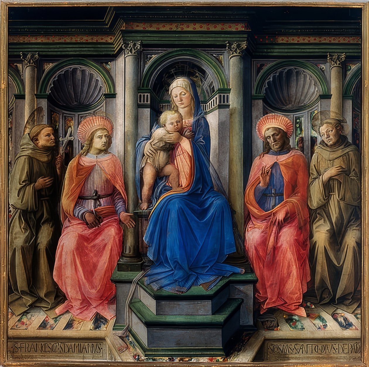 Meryem, çocuk ve aziz Assisili Francis, Damian, Cosmas ve Padovalı Antonius ile birlikte tahta çıktı. 1442 by Fra Filippo Lippi