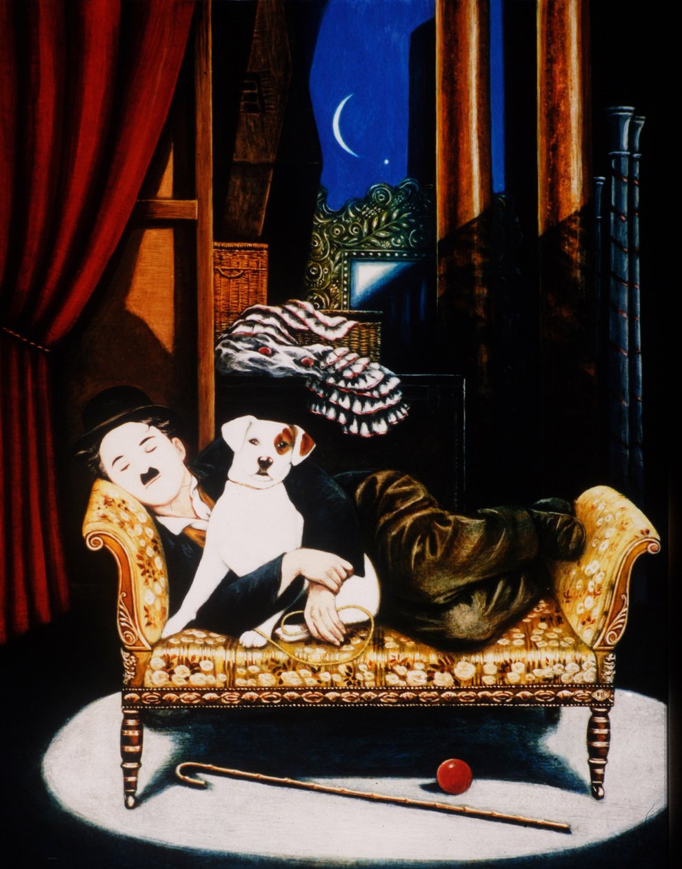Charlie Chaplin ve Scraps, 1992 (panelde yağlar ve tempera) by Frances Broomfield