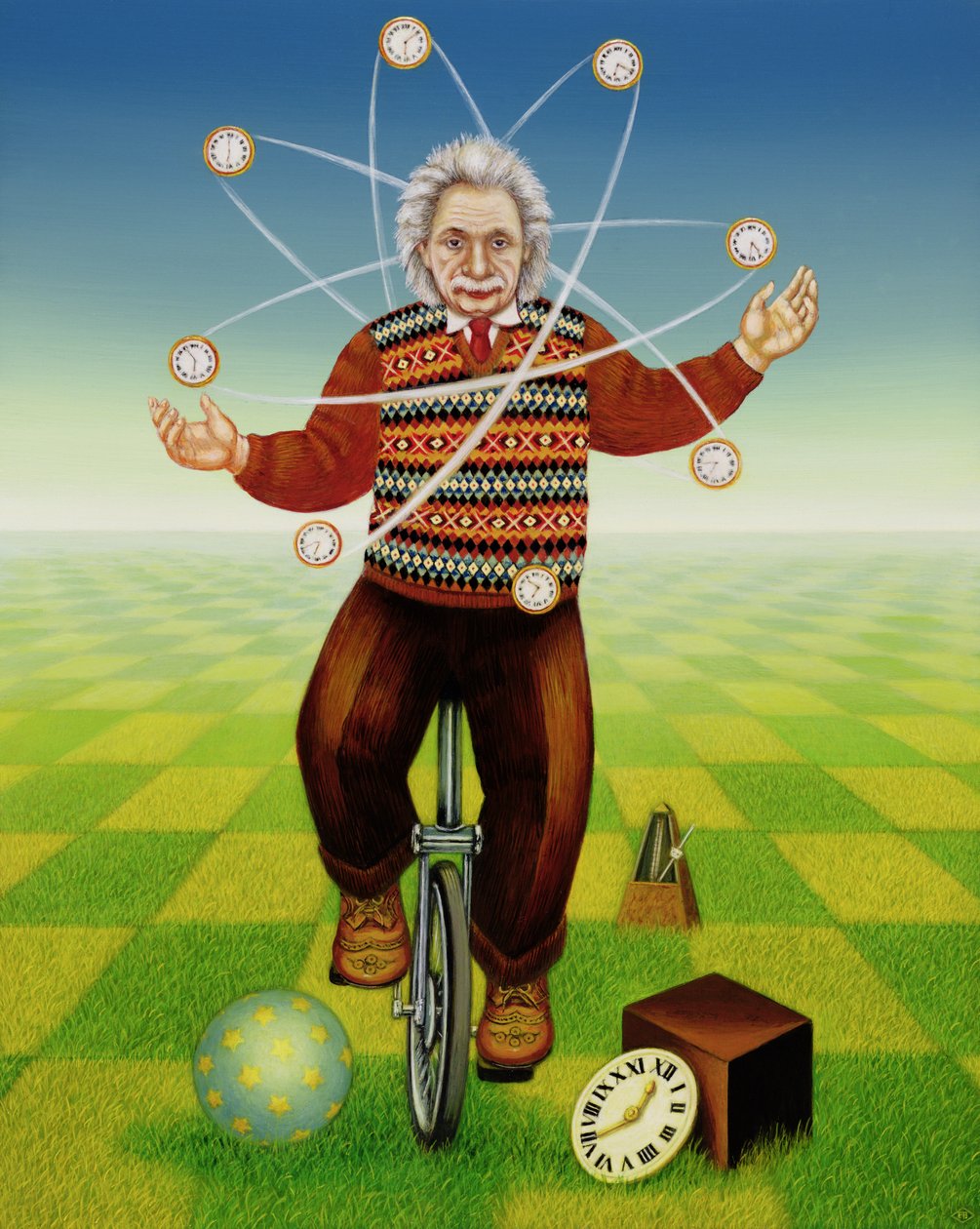 Einstein Zaman ile Hokkabazlık, 2000 (panelde yağ ve tempera) by Frances Broomfield