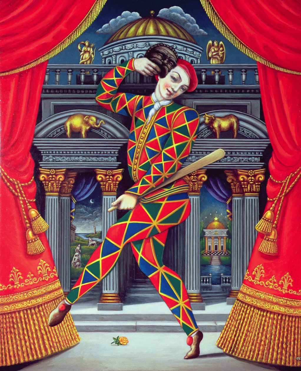 Boynuz ve Fildişi Kapılarında Harlequin, 2007 (panelde yağ ve tempera) by Frances Broomfield