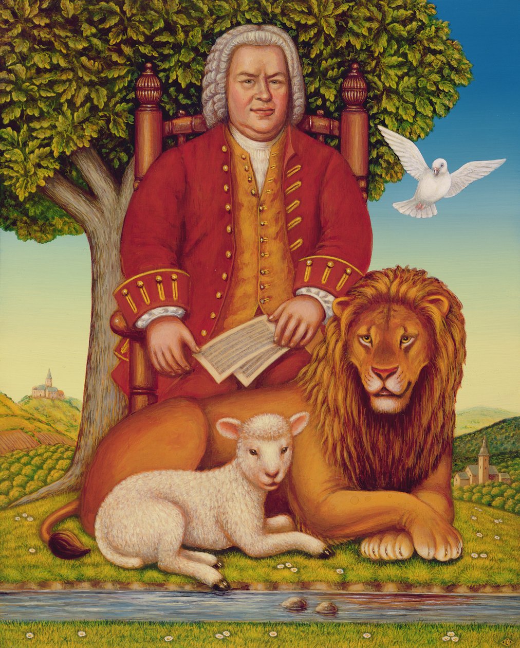 J.S. Bach (1685-1750) Peaceable Kingdom, 2000 (panelde yağ ve tempera) by Frances Broomfield