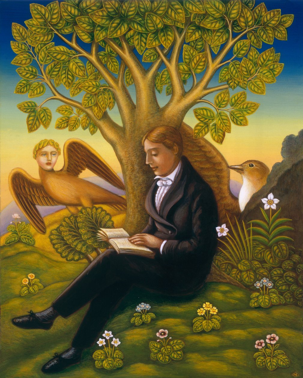 Keats (1795-1821) ve Nightingale, 2002 (panelde yağ ve tempera) by Frances Broomfield