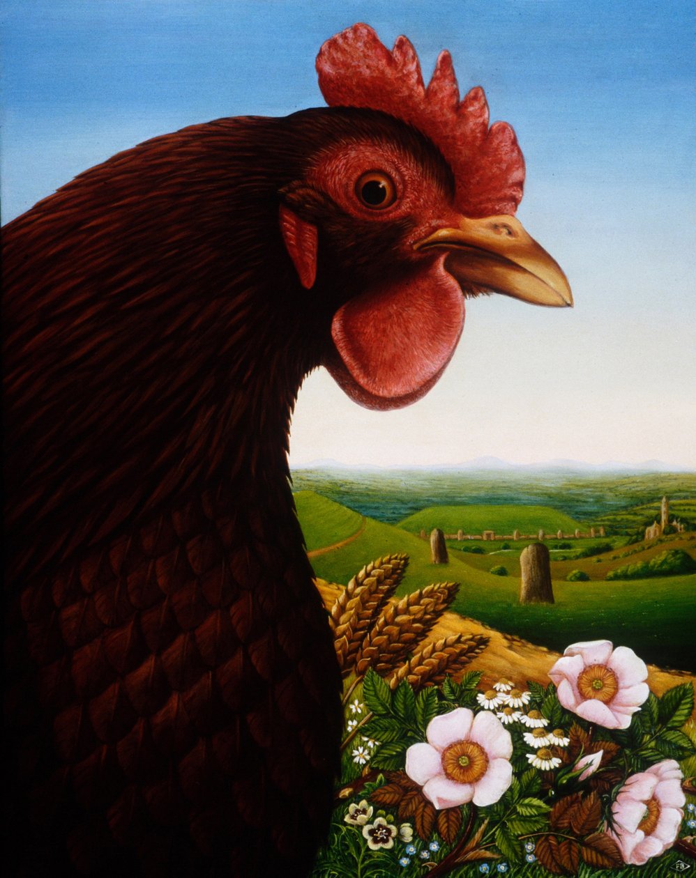 Kayıp Krallığın Müziği (Big Chicken), 1987 (panelde yağ ve mizaç) by Frances Broomfield