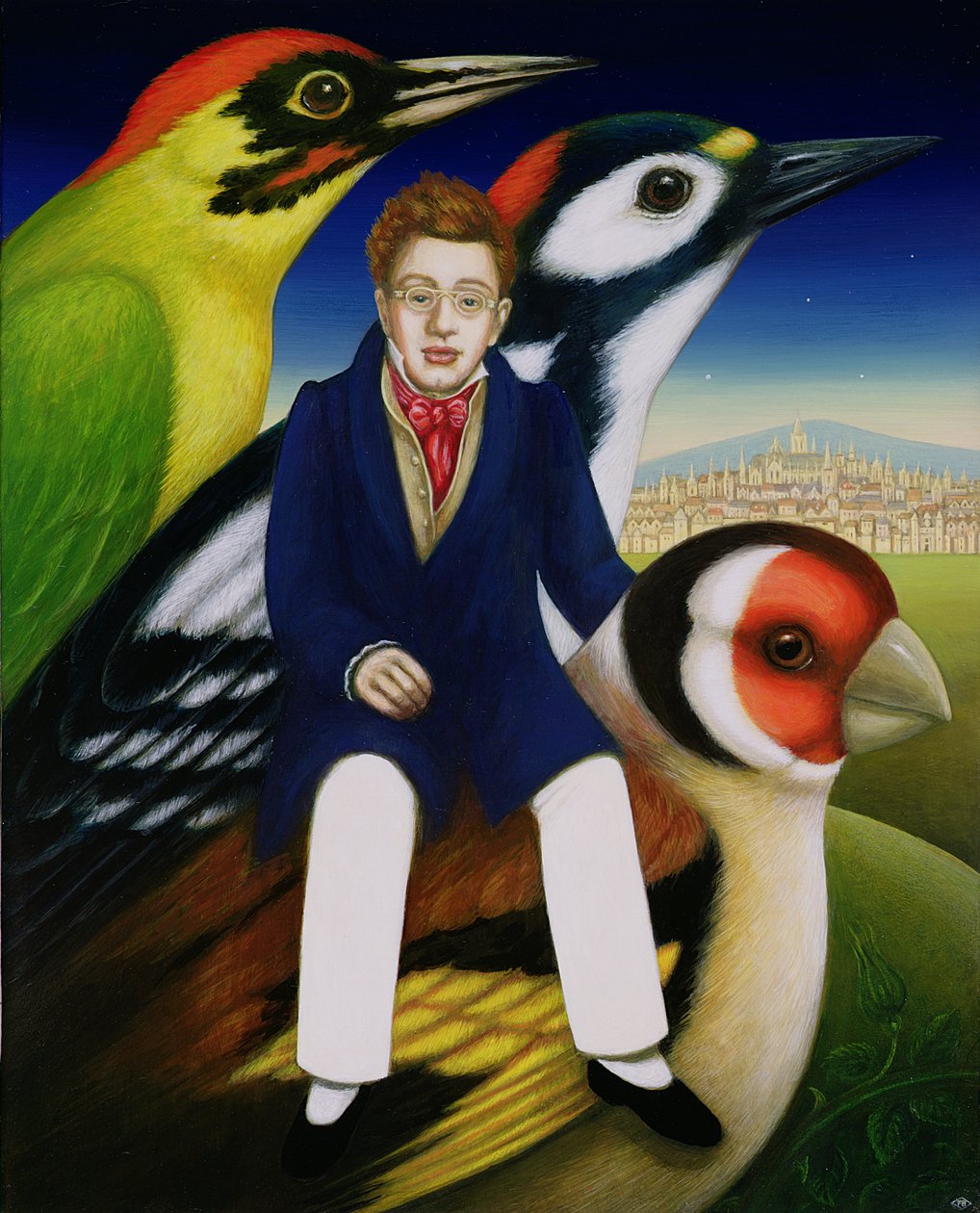 Schubert ve kuşların dili, 2000 (panelde yağ ve tempera) by Frances Broomfield