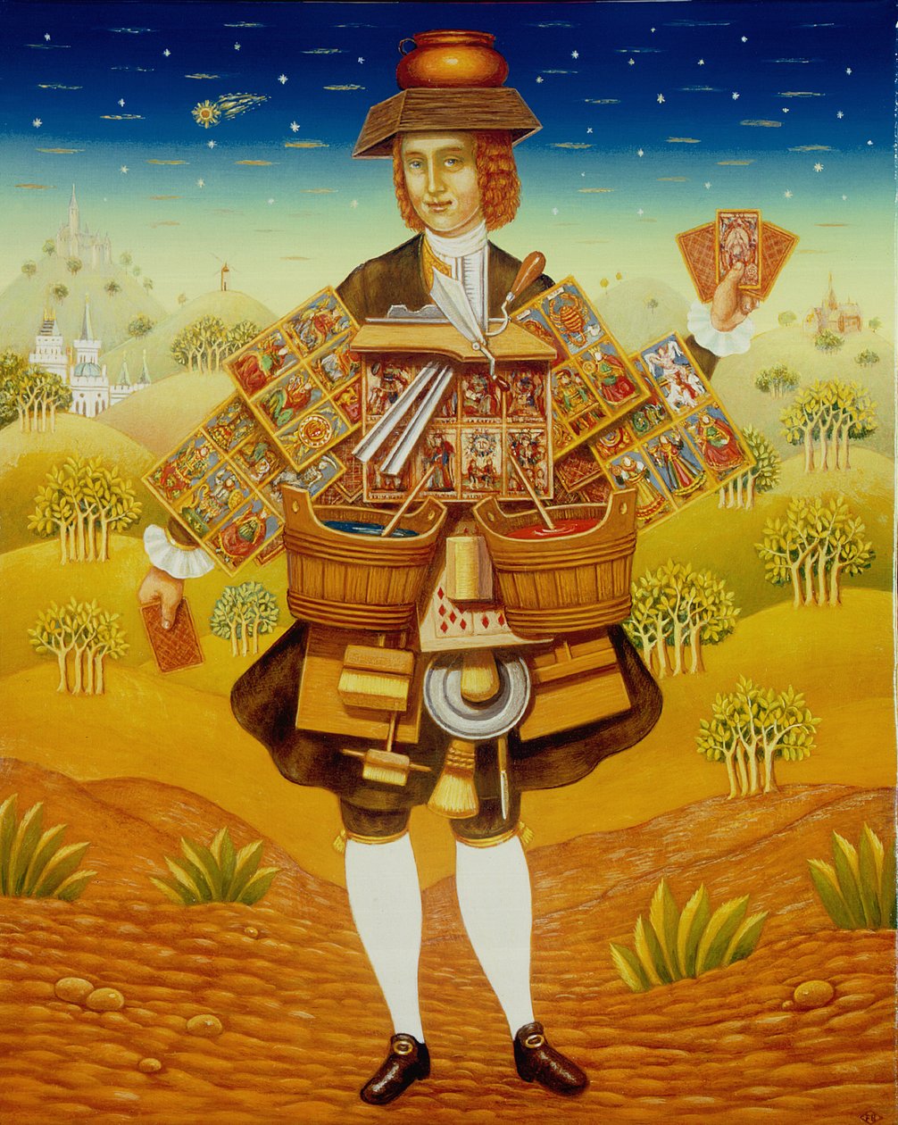 The Card Seller, 2003 (panelde yağ ve tempera) by Frances Broomfield
