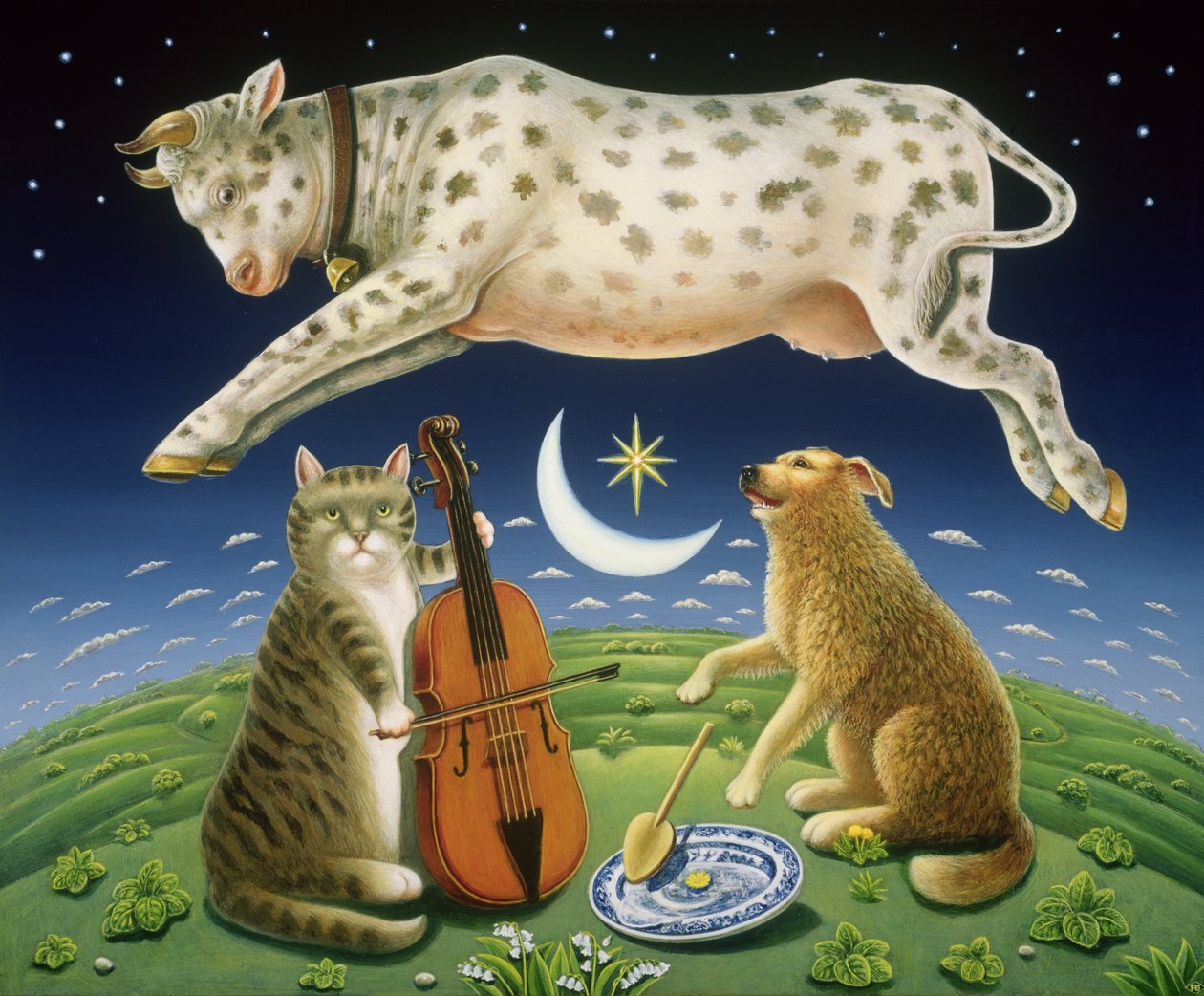 Kedi ve Fiddle, 2004 (panelde yağ ve tempera) by Frances Broomfield