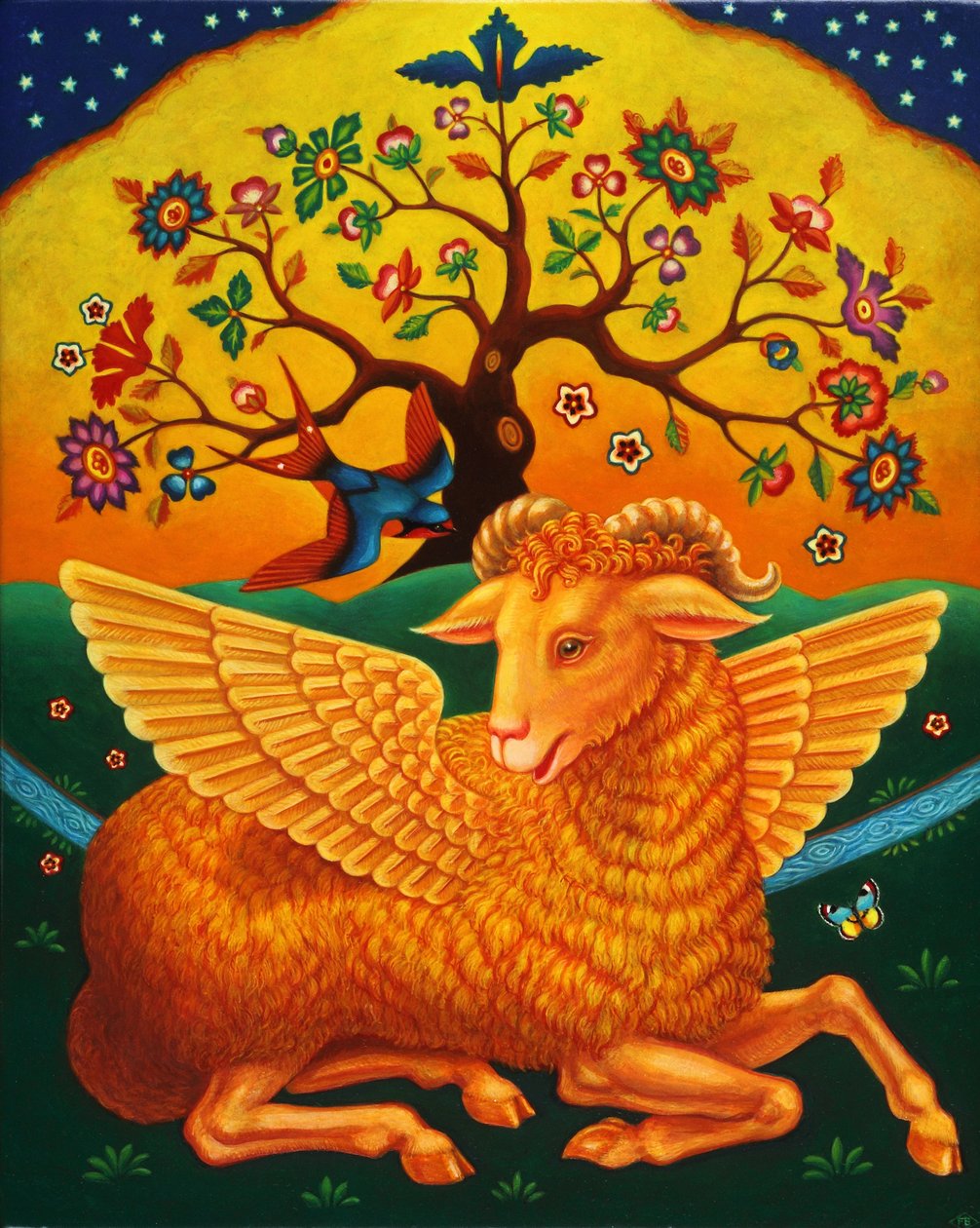 Altın Postlu Koç, 2011 (panelde yağlar ve tempera) by Frances Broomfield