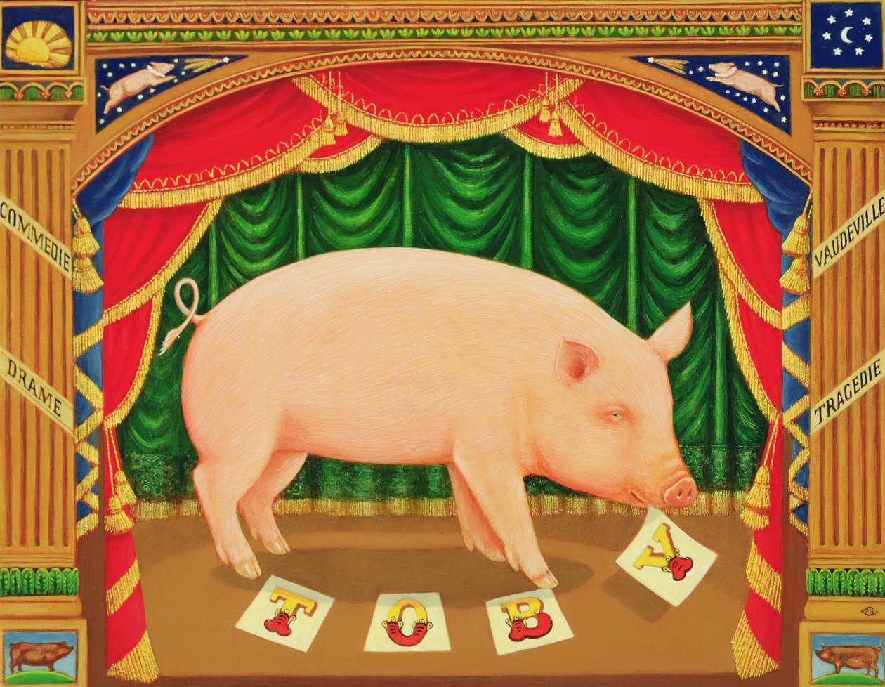 Öğrenilmiş Domuz Toby, 1998 (panelde yağ ve tempera) by Frances Broomfield