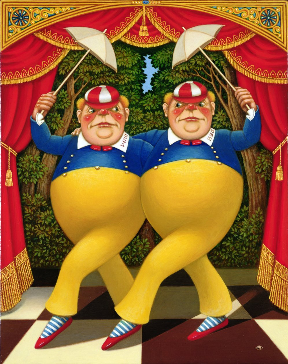 Tweedledum ve Tweedledee, 1998 (panelde yağ ve tempera) by Frances Broomfield