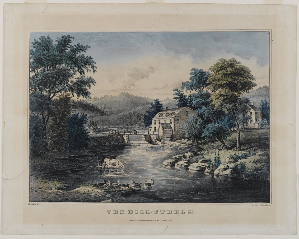 The Mill-Stream, Currier & Ives, New York tarafından yayınlandı (el boyaması taş) by Frances Flora Bond Palmer