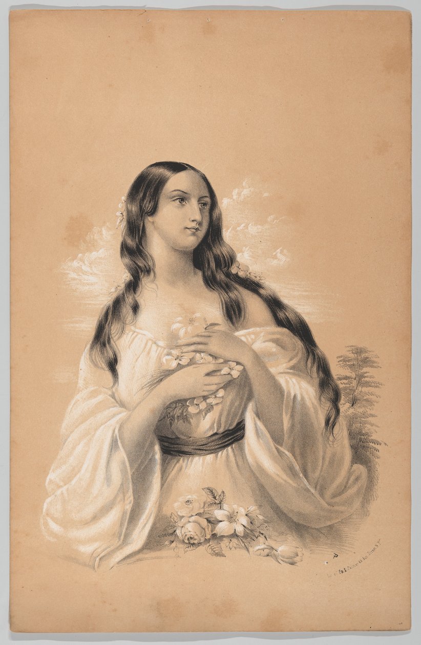 Çiçek Tutan Kadın, New York Çizim Kitabında, Bir Dizi Özgün Tasarım İçeren..., 1847. by Frances Flora Bond Palmer