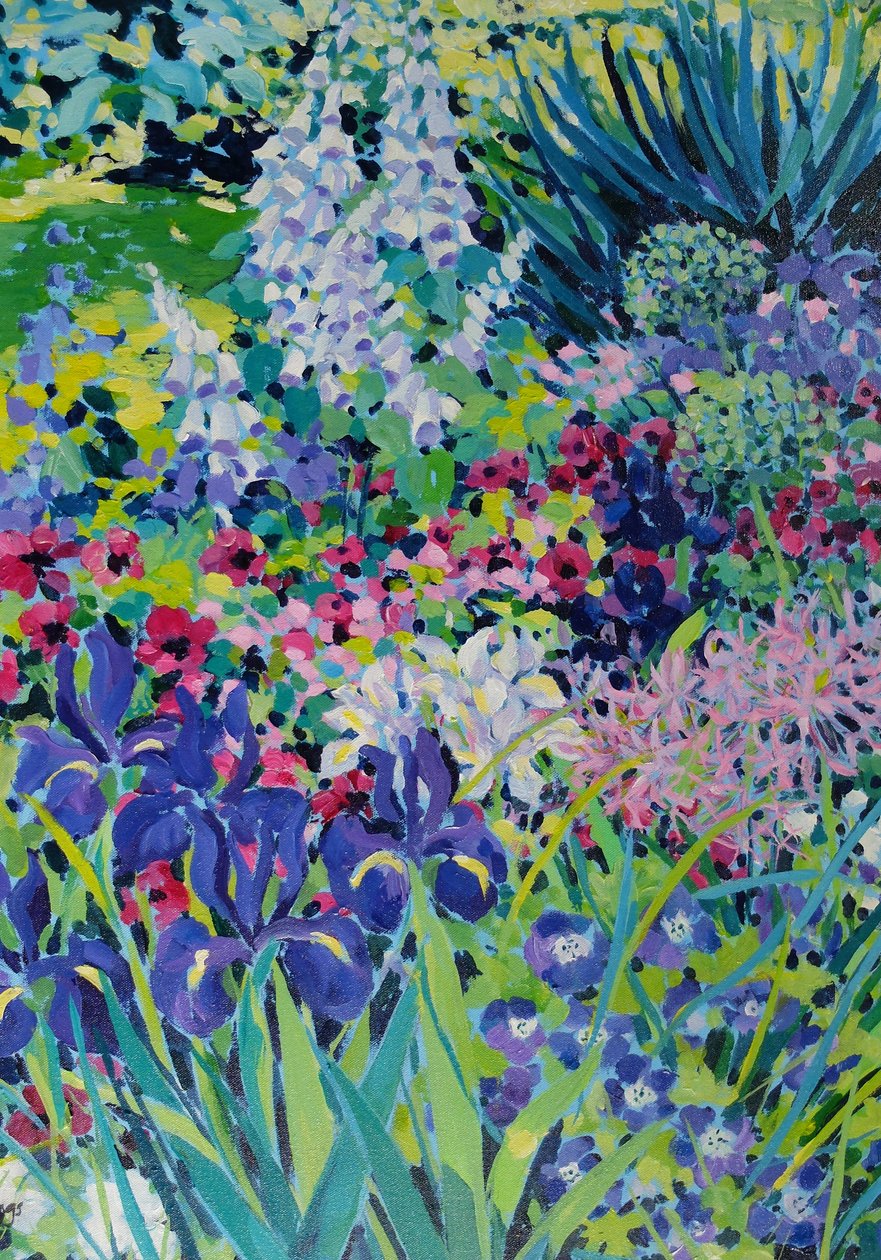 Early Summer Border (Iris and White Foxgloves), 2022 (tuval üzerine akrilik) by Frances Naggs