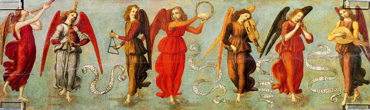 Müzik aletleri çalan melekler, c.1475-97 (panelde mizaç) by Francesco Botticini