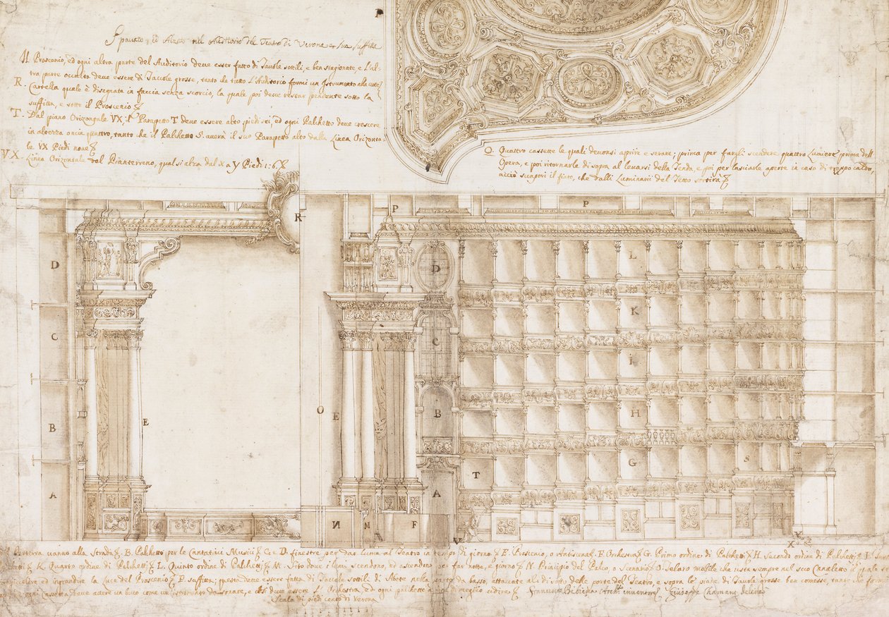 Teatro Filarmonico, Accademia Filarmonica, Verona, İtalya - Bölüm ve Tavan by Francesco Galli Bibiena