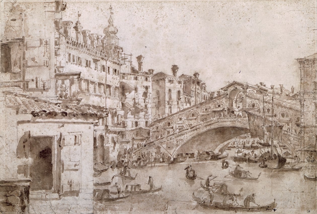Rialto Köprüsü, Venedik (kağıt üzerine kalem ve kahverengi mürekkep) by Francesco Guardi