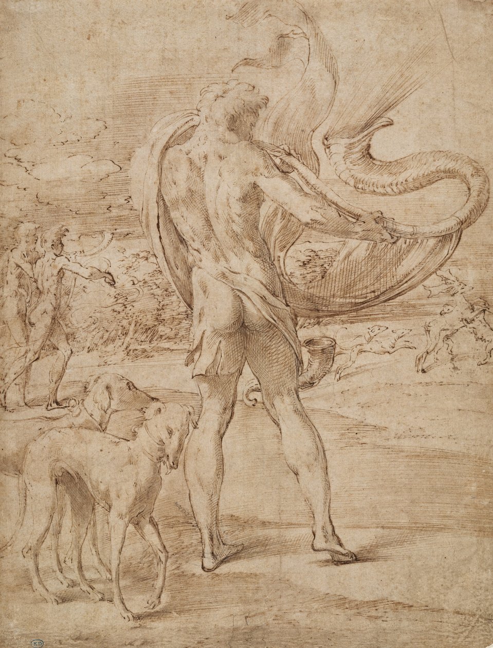 Uzakta bir geyik boynuzuyla korna çalan avcılar by Parmigianino