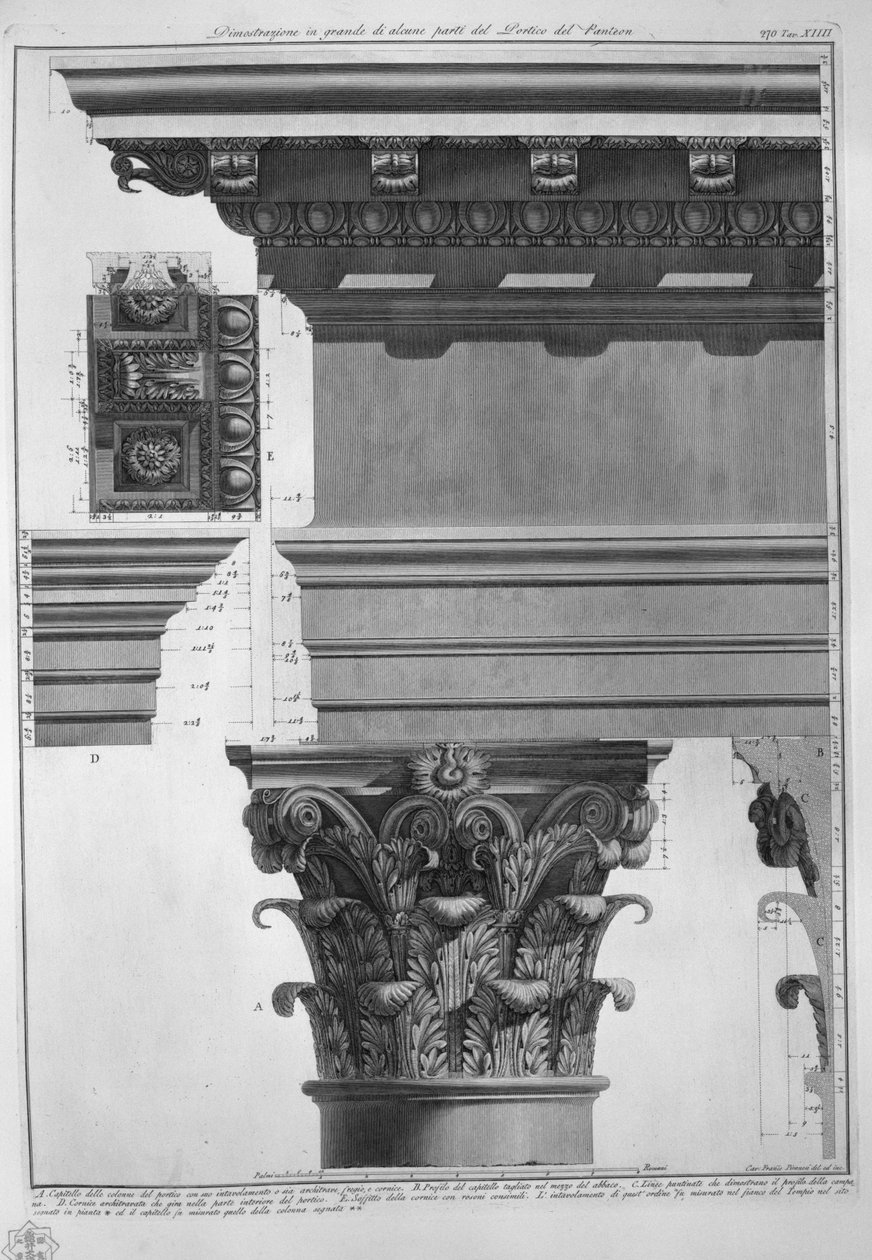 Panteon Portikosunun bazı bölümlerinin büyük gösterimi by Francesco Piranesi