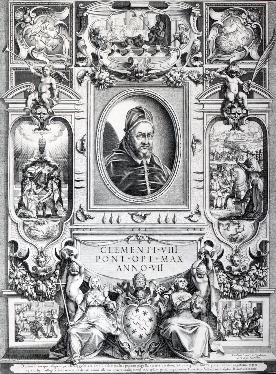 Papa Clement VIII, hayatından sahnelerle çevrili by Francesco Villamena