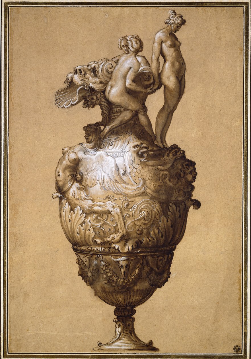 Ewer için tasarım (gri yıkamalı kalem ve kahverengi mürekkep, gövde rengiyle zenginleştirilmiş, devetüyü kağıt üzerinde siyah tebeşir üzerine) by Francesco de Rossi Salviati Cecchino