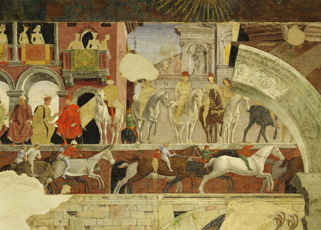 Nisan Alegorisi: Borso dEste meydanında bir performans, koşan atların ve eşeklerin detayı, 1469-70, fresk by Francesco del Cossa